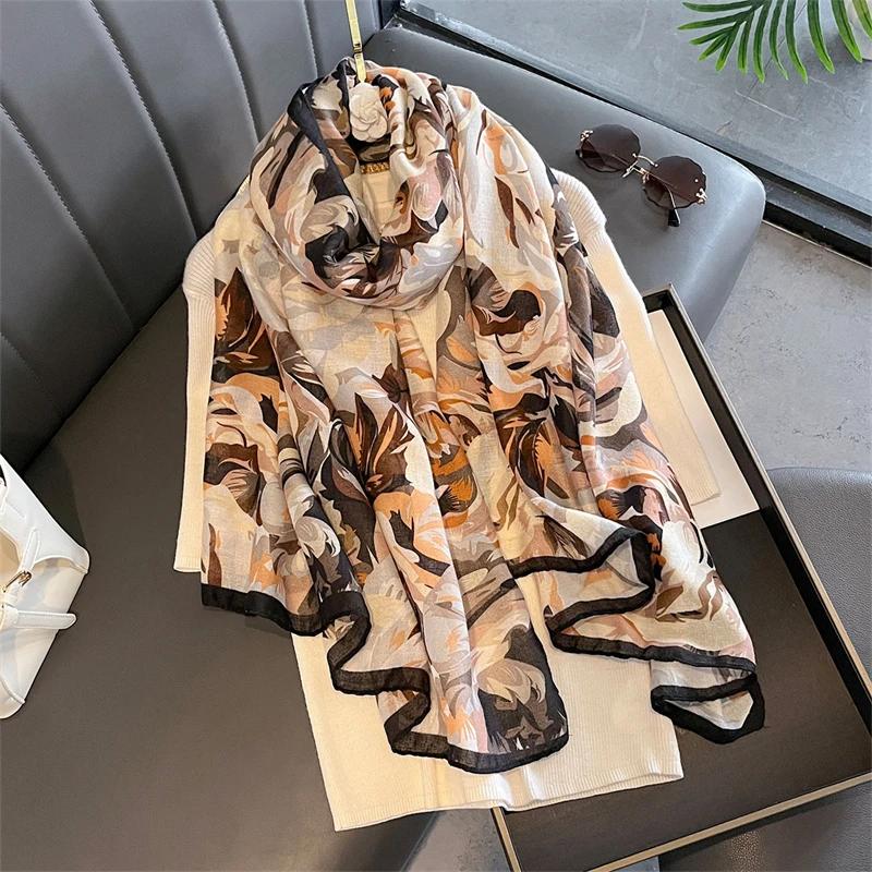New Spring Women Cotton Scarf Beach Hijab Shawls and Wraps 2025 Luxury Brand Flower Female Foulard Echarpe Designer Bandana