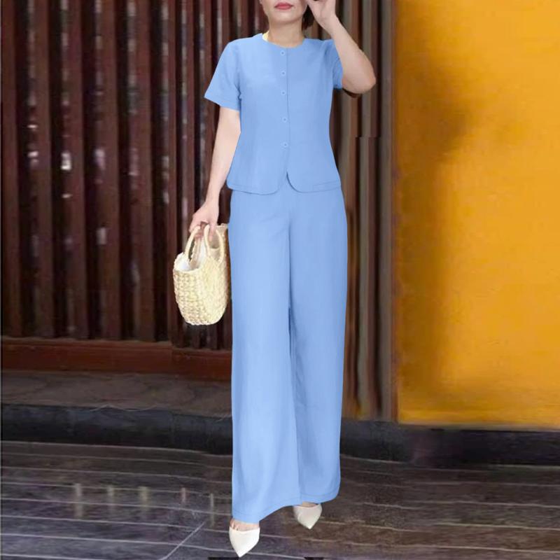 

ZANZEA Женская блузка с коротким рукавом и брюки Летние комплекты-двойки S синий