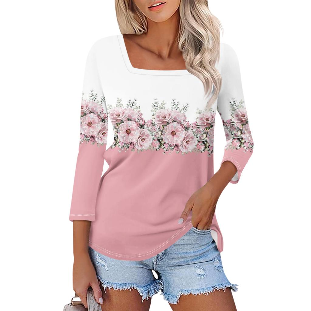 Women's 3/4 Sleeve Square Neck Floral Shirt Casual Loose Tunic Top