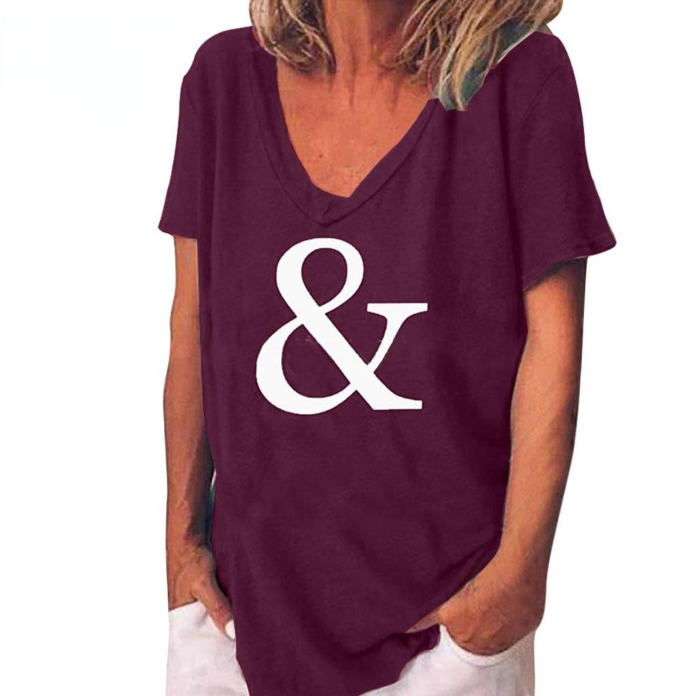 Mode Frühling Einfache Druckblusen Kurzärmelige V-Ausschnitt T-Shirts Lässig