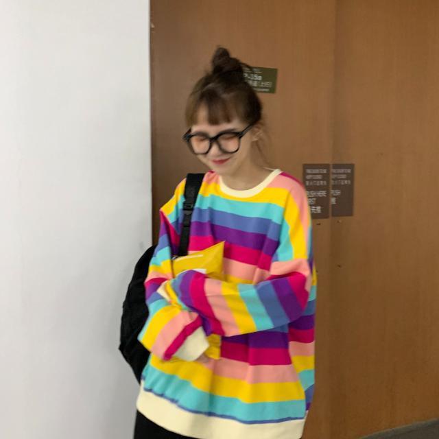 New Autumn Thin Women's Rainbow Striped Long-sleeved T-shirt for Women's Loose Harajuku Style Top