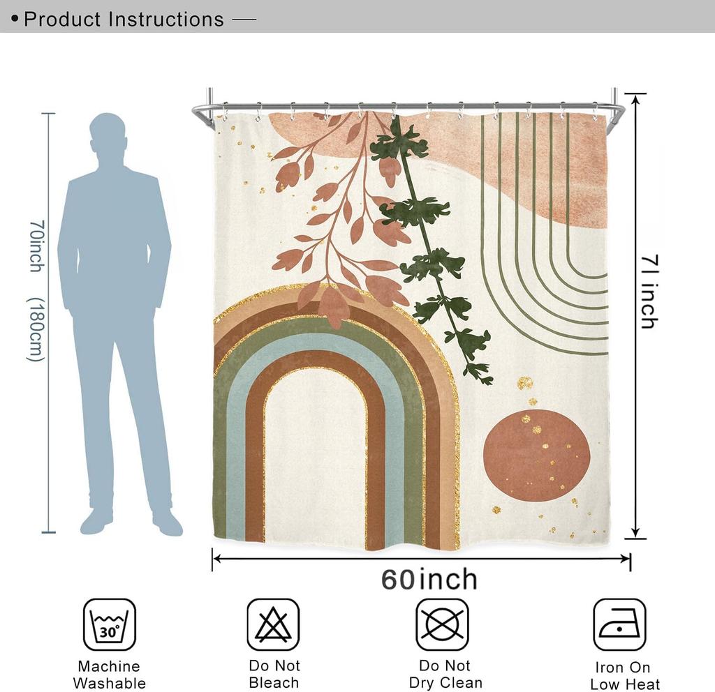 Miyotaa Abstract Mid Century Shower Curtain Set 60Wx71H Inches Minimalist Aesthetic Plant Leaves Terracotta Geometric Arch Moder