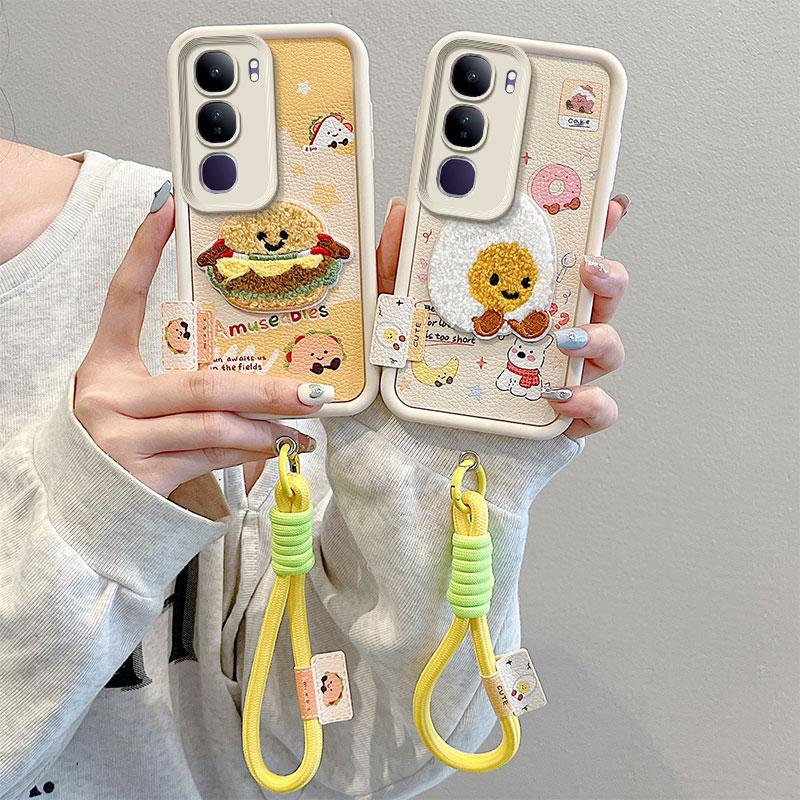 KEYSION Cartoon Cute Plush Embroidery Case for VIVO V40 Lite with Lanyard PU Leather Shockproof Phone Cover for VIVO Y200 5G Y19S