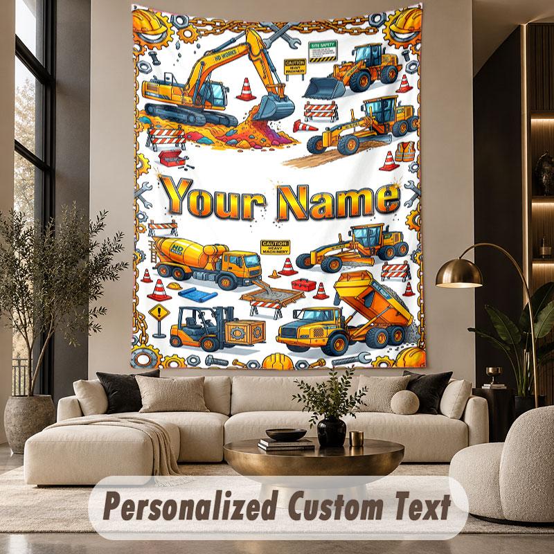 Construction Vehicles (14) Theme Custom Tapestry Personalized Custom Name Text Wall Hanging Tapestry Home Decor Background Cloth