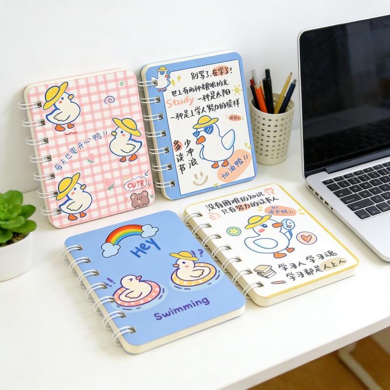 2Pcs Come On Duck Pattern Cartoon A7 Coil Book Pocket Mini Notebook Diary Portable Office Notepad Daily Weekly Planner School Supplies Holiday Gift No