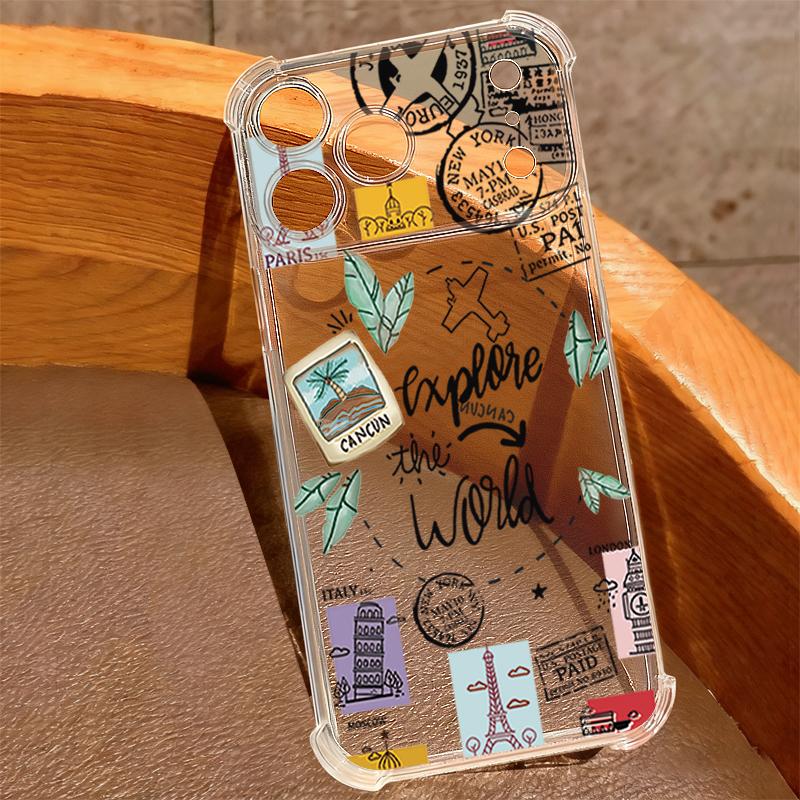 Travel Route Pattern Phone Case For iPhone 17e 17 16 15 14 Pro Max 14 13 Pro 16 Shockproof Clear TPU Soft Card Slot Pocket Cover