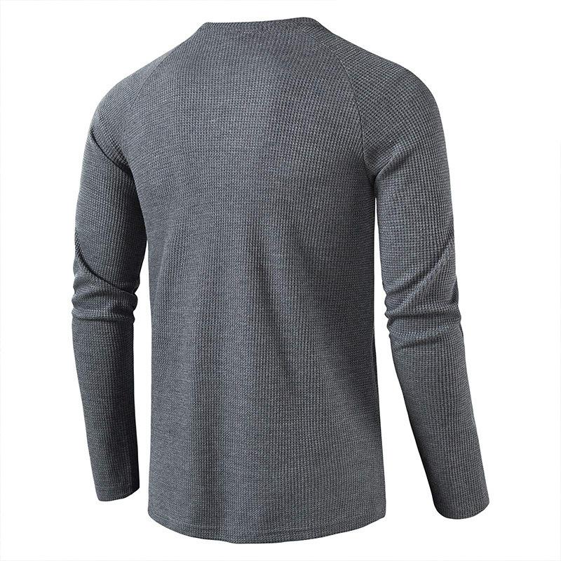 European and American Style Men’s Solid Waffle Henley Shirt Long Sleeve T-shirt Buttoned Round Neck Top