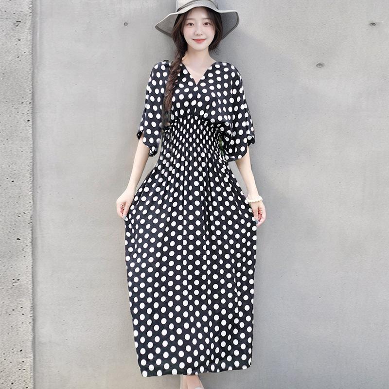 Ethnic Style V-neck Cotton and Silk Short-sleeved French Thai Style Dress for Women's Summer Printing Pastoral Style Skirt for Vacation Wear