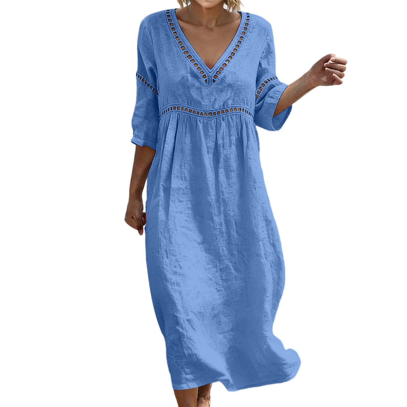 

Women s Fashionable Casual V-Neck -Color Beach Dress: Loose-Fitting Openwork Dress XL