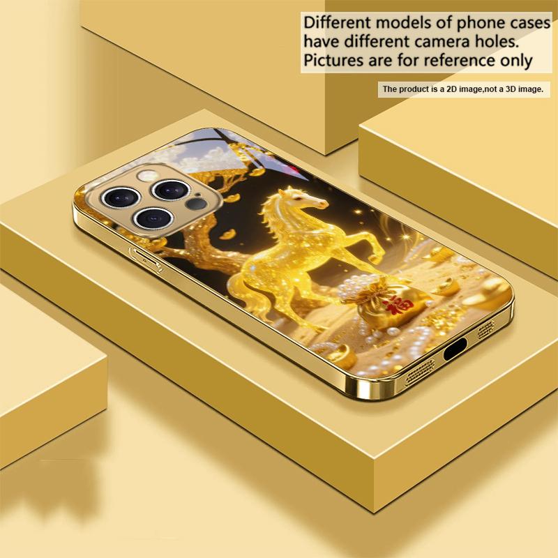 The Golden Fighting Horse For IPhone 16 17Pro Max 15 P ro 14 13 Plus 12 Mini 11Pro Max XR 16E 17 Air Golden glass phone case