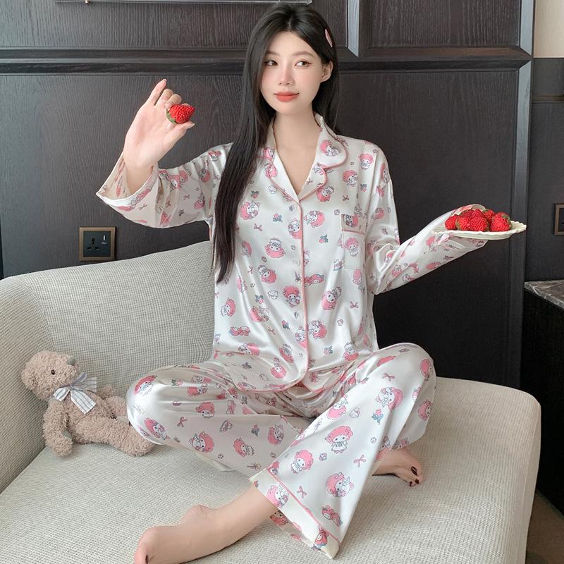 Ice Silk Thin Style Women'S Long-Sleeved Pajamas Spring And Autumn Cartoon Brown Puppy Polka Dot Print Loungewear