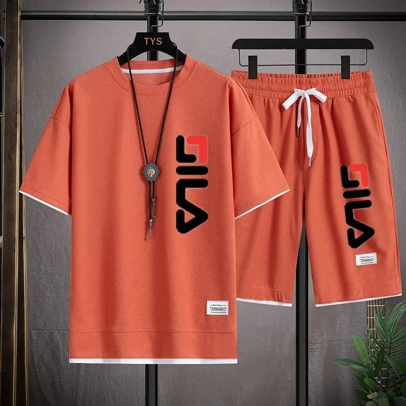 Herr Korea Bekväm och Sommar Mode Tryck Sportdräkt Fitness Jogging Daglig Casual Klädsel Strandshorts Set