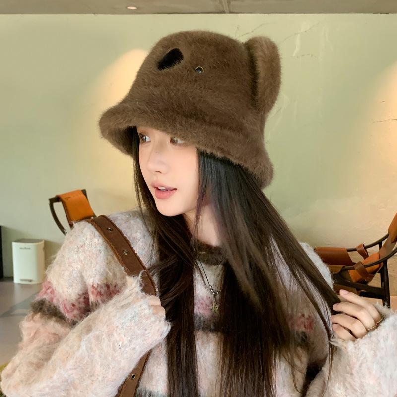 

Koala cute hat thickened and warm new versatile face small wool fashion wear personalized basin hat One size fits all темно-коричневого кольору