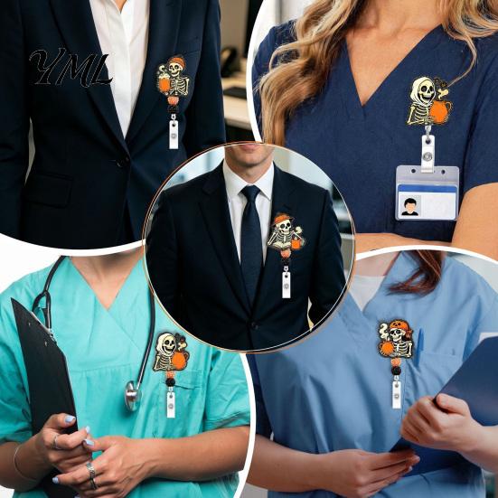 Retractable Badge Holder Halloween Reel, Skeleton And Pumpkin Design, Acrylic ID Card Teacher Id Reel with Sturdy Metal Clip for Nurses Office