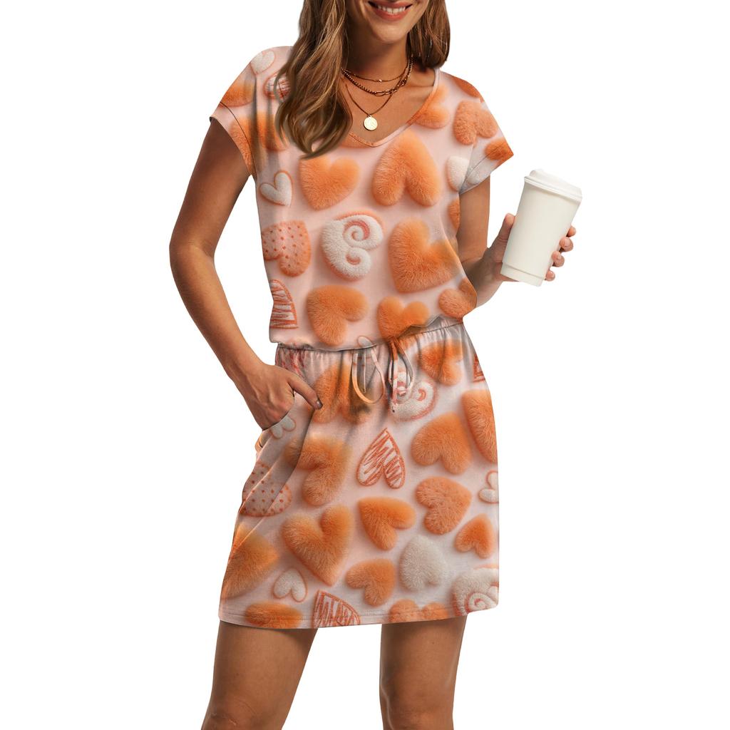Women's V,Neck Short,Sleeve Drawstring Pocket Valentine's Day Print Casual Dress