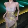 Retro Shiny Slim Fit Spaghetti Strap Dress - Waist-Cinching Bodycon Midi