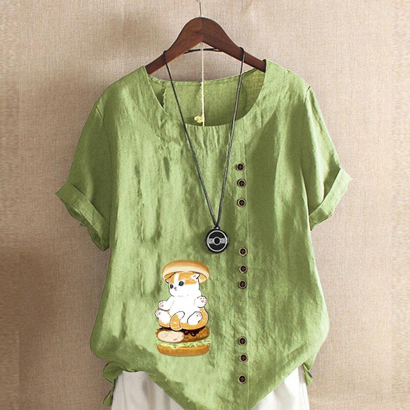 

Женская модная футболка с круглым вырезом и коротким рукавом, повседневная хлопковая льняная рубашка с рисунком, свободная летняя блузка с принтом кота для отдыха, летняя блузка 5XL зелёный