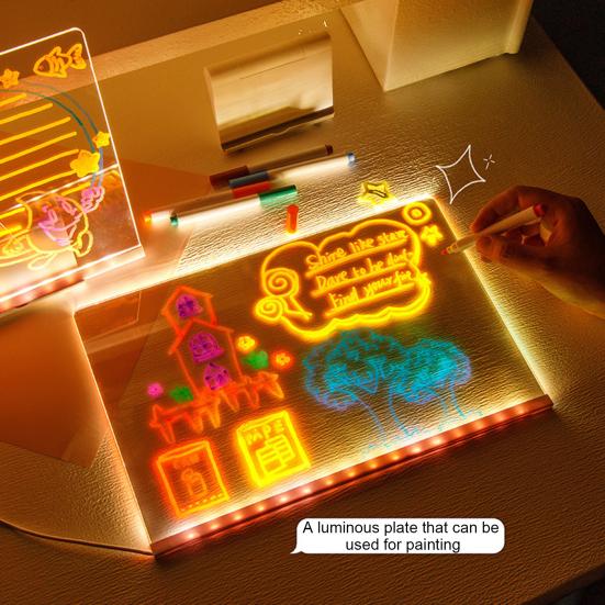 LED Acrylic Dry-Erase Board with 7 Pens Stand Reusable Kids Adults Students Glowing Light-up Clear Acrylic Memo Note Message Writing Board for Office