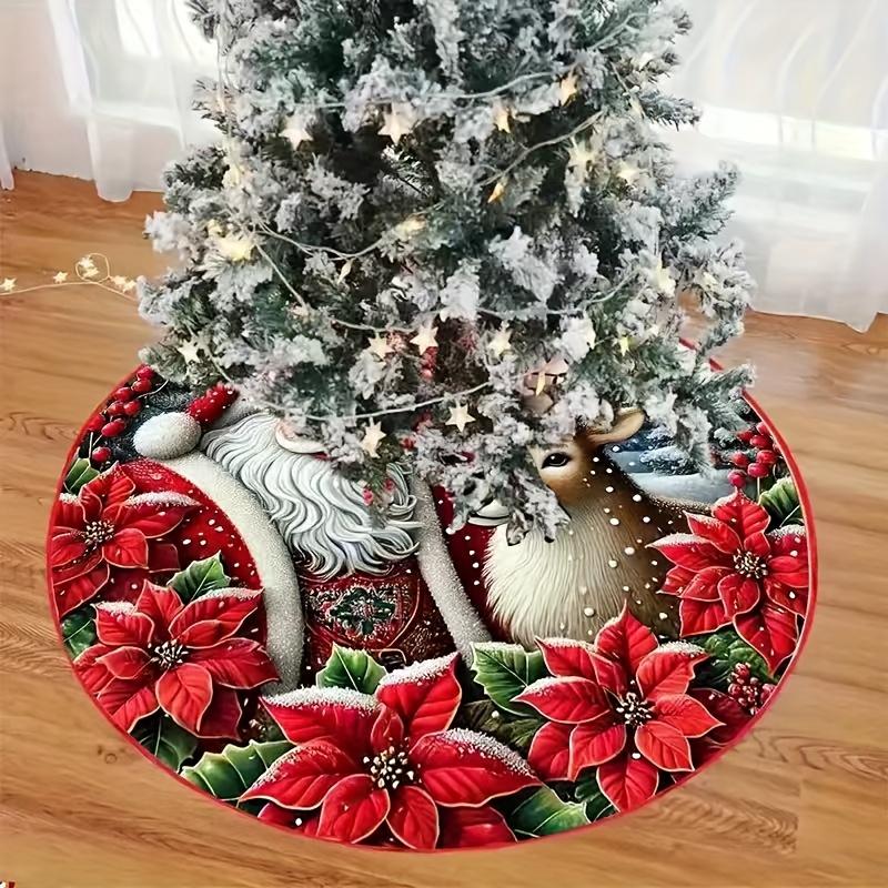 Santa Reindeer Christmas Tree Skirt,Round Non‑Slip Floor Mat,Poinsettia Winter Scenery Xmas Carpet for Holiday Home Decor