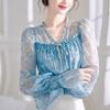 French Ruffled Blue Floral Chiffon Blouse Women's Spring Unique Super Cute Tie-Up Small Top