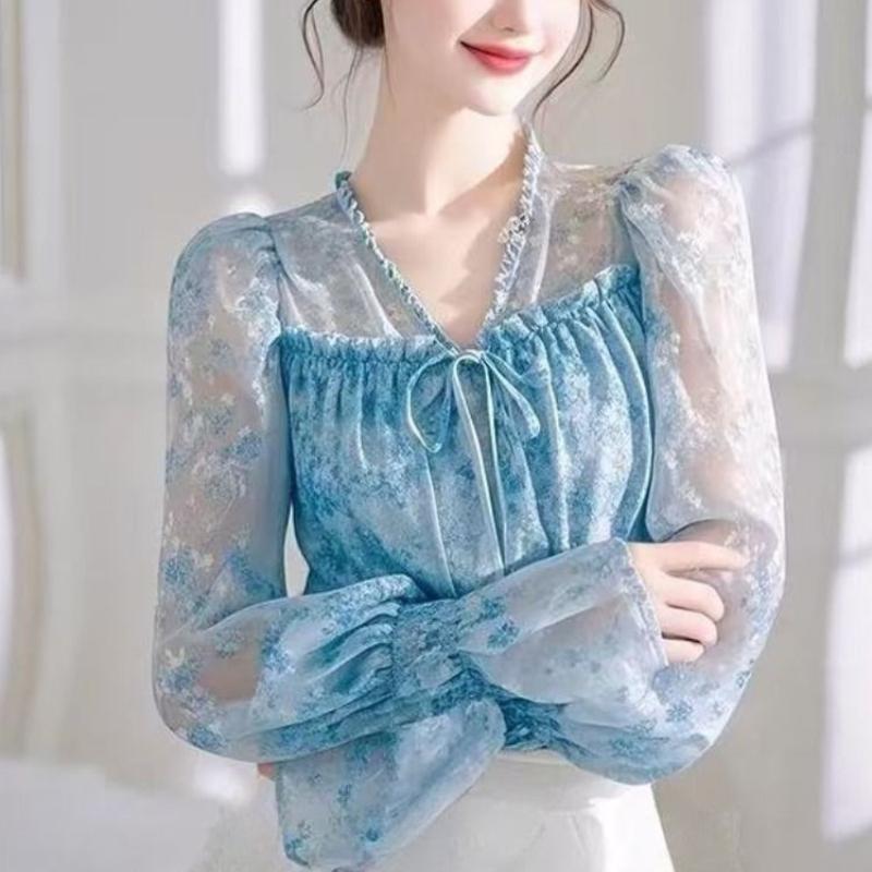 French Ruffled Blue Floral Chiffon Blouse Women's Spring Unique Super Cute Tie-Up Small Top