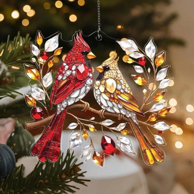 Red Bird Suncatcher Stained Glass Bird Couple Window Wall Door Hanging Ornament Memorial Gifts for Women Couples Bird Lovers