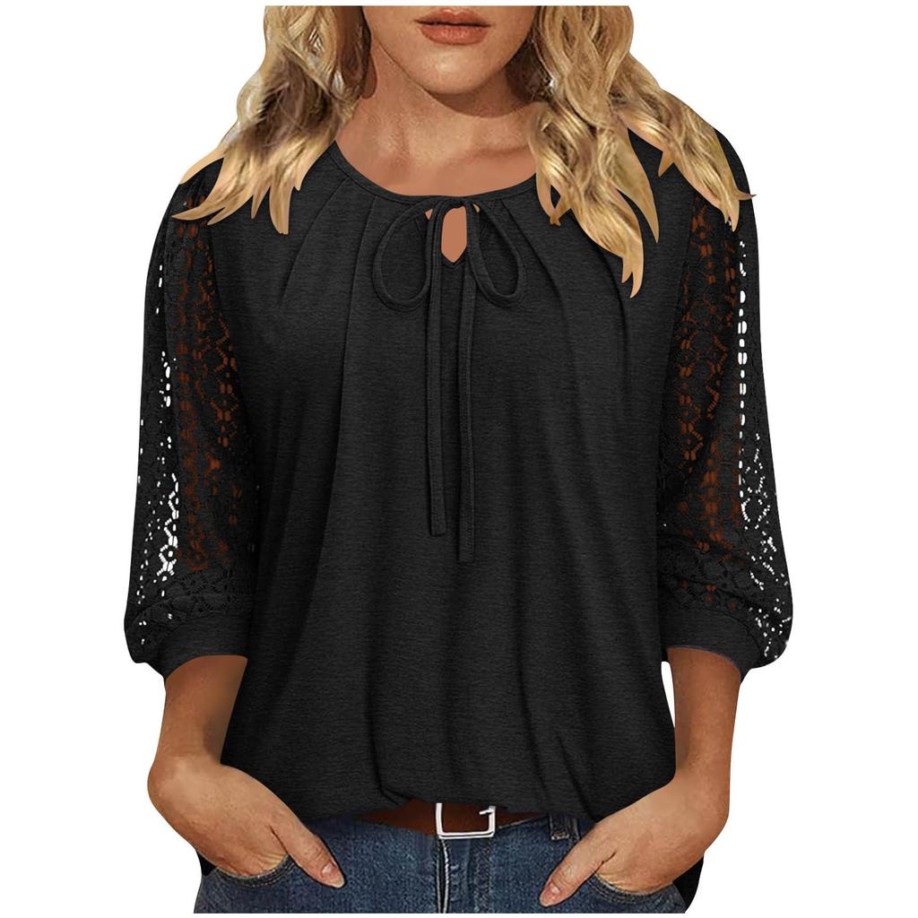 Women's Lace-Up Blouse, Loose Fit, Casual, Sheer Lace