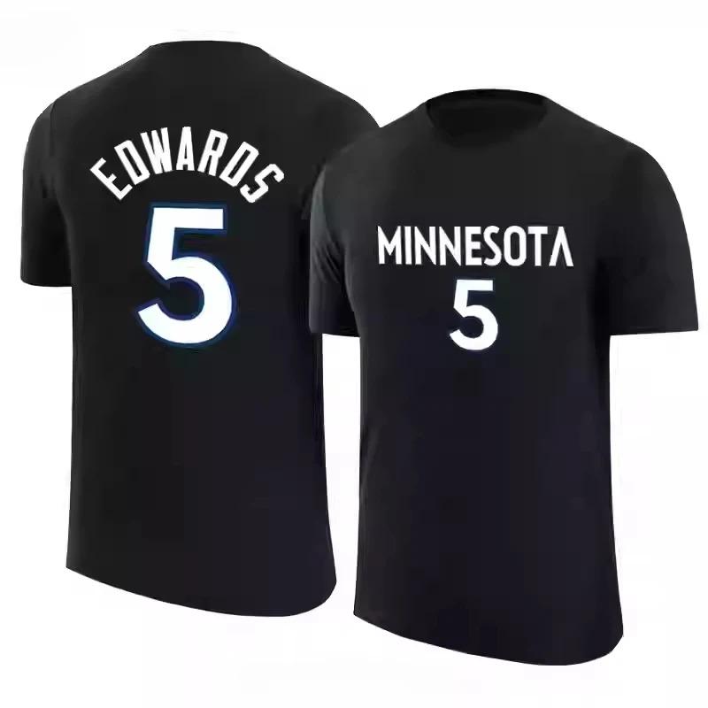 2026 Nuova T-shirt Timberwolves Edwards No. 5 T-shirt Grafiche in Jersey Stampate da Uomo e da Donna Manica Corta Streetwear