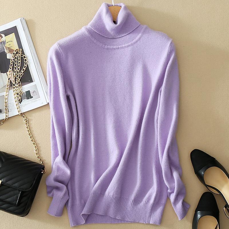 QICED Suéter gola alta suéter outono e inverno pulôver manga comprida cor sólida solto fundo malha para mulheres