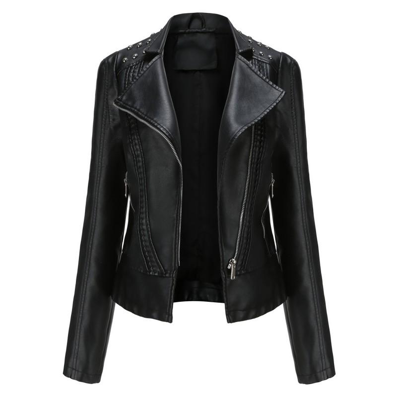Womens PU Leather Jacket Street Style Casual Coat With Rhinestone Detail Long Sleeve Zipper Front