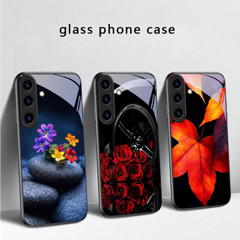 Small Pebble Flowers For Samsung Galaxy S20 S21 S22 S23 Plus S24 FE S25 Ultra S26 Edge S25+ S20+ S22+ Black Glass Phone Case