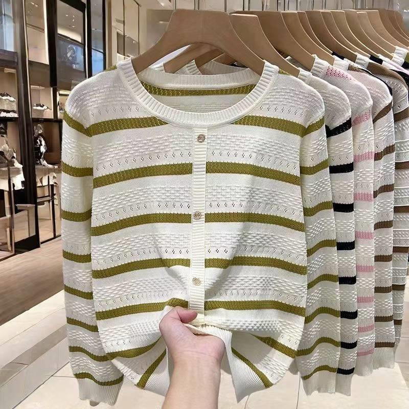 Korean Style Striped Hollow Loose Knit Sweater for Women – 2026 Long Sleeve Lightweight Inner Layer