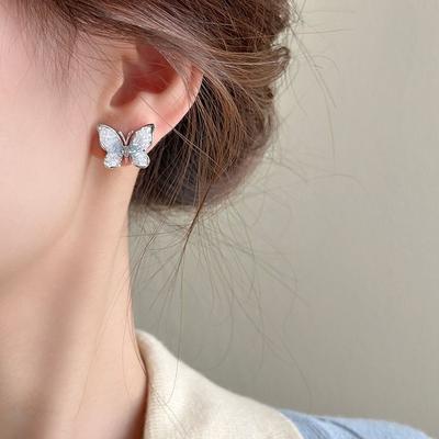 Gradual Change Blue Butterfly Artificial Crystal Stud Earrings Small Fresh Summer Versatile Earrings Sweet Light Luxury Temperament Earrings