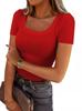 Women's U Neck Long Sleeve Tee Slim Fit Casual Ribbed Knit Solid Color Spring Basic Top