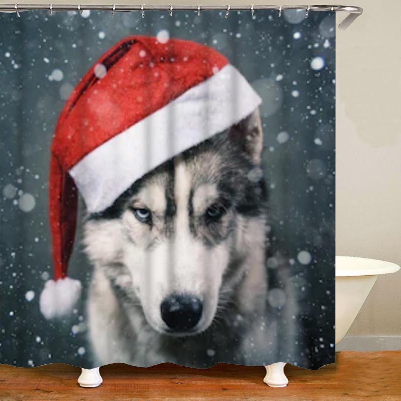 Süßer Sibirischer Husky Duschvorhang Weihnachtlicher Duschvorhang Set Husky Hund Welpe Badezimmervorhang Haustier Hunde Weihnachten Heimdekoration