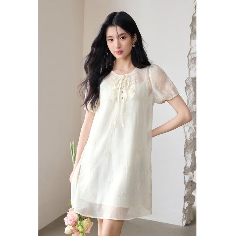 Elegant Pleated Ruffle Round Neck Midi Dress S