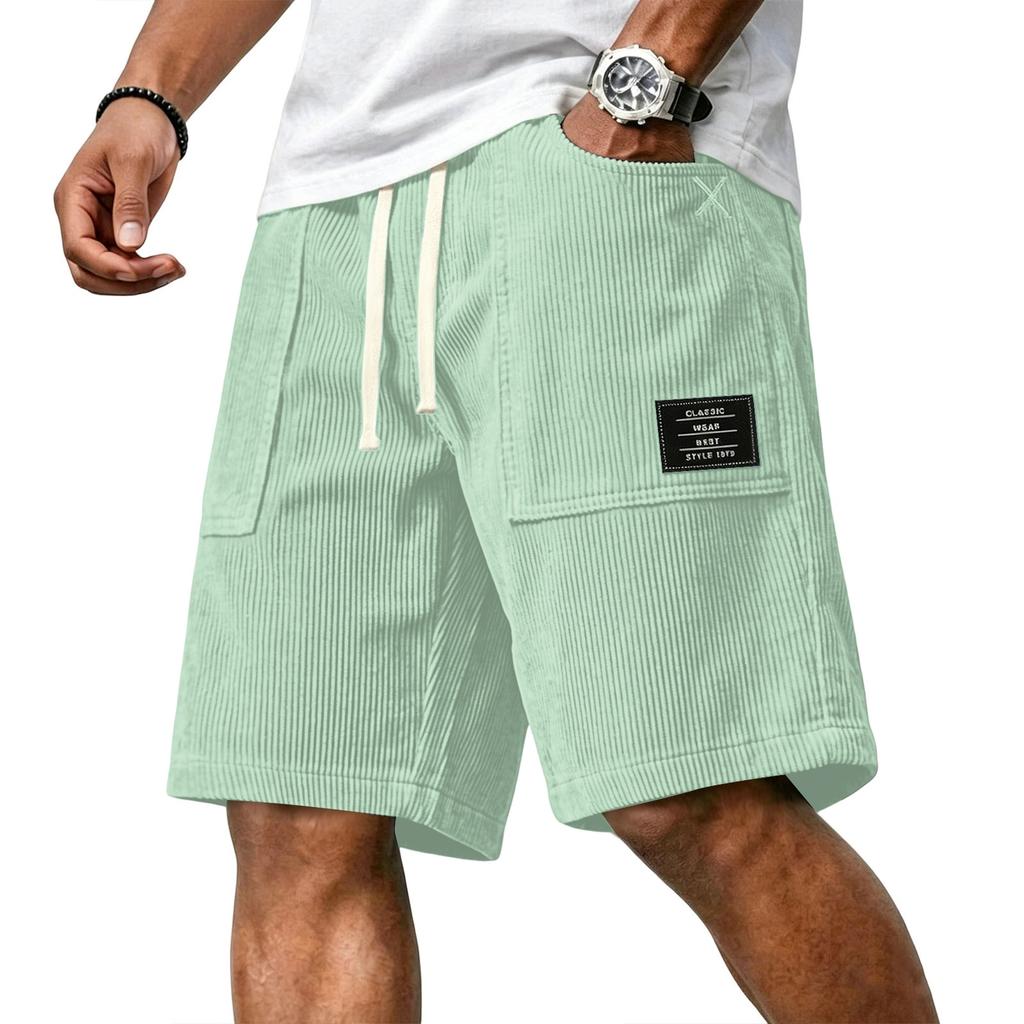 Men's Casual Corduroy Drawstring Shorts with Front Patch Pockets and Elastic Waistband Suitable for Everyday Wear and Outdoor Activities