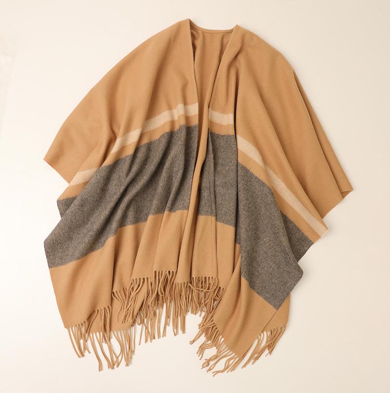 Women's Lambswool Mid-Length Color Block Shawl Cloak with Tassels