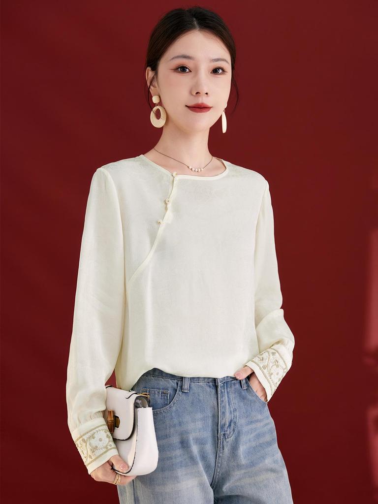 New Autumn Silk Velvet Chinese Style Women's Round Neck Long Sleeve Shirt