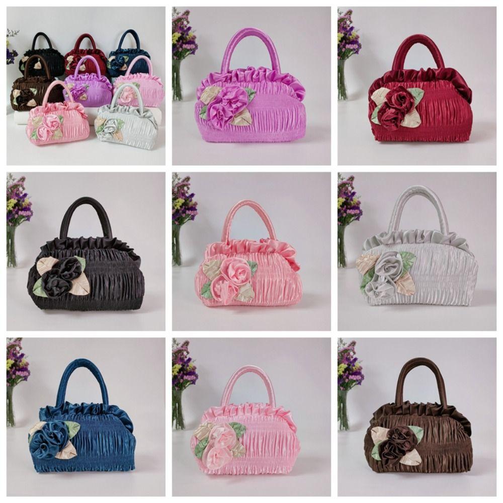 Satin Silk Zipper Flower Tote Bag Ruffle Ethnic Style Wrist Bag Hanfu Rose Flower Handbag  Shopping