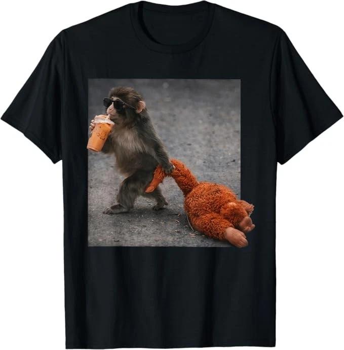 Retro Baby Monkey Punch Drinking Iced Coffee T-Shirt XL