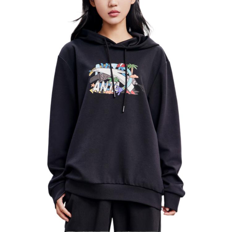 Anta Cartoon Print Drawstring Hoodie With Long Sleeves Unisex Tops Black 952238720-5
