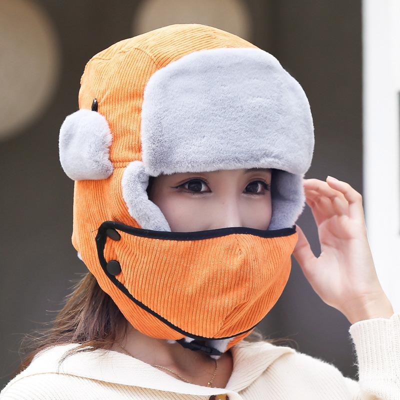 Female warm imitation rabbit fur corduroy with mask winter travel male cute velvet thickened cotton hat