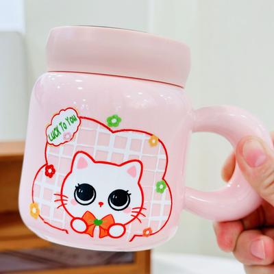 Cartoon Kitten Mirror Cup with Lid Ceramic Cup High Value Pink Mug Girl Water Cup Small Gift Cup