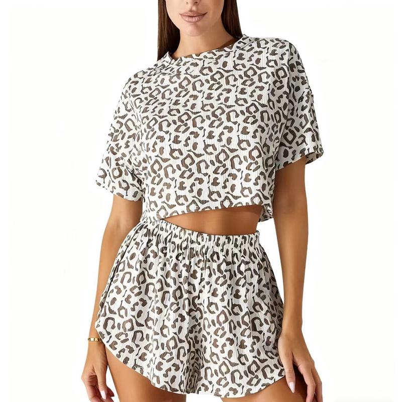 Women Pajamas Leopard Print Pajama Suit Fashion Pajama Women's Sexy Short Sleeve Slits Shorts Loungewear Suit Women Pijama