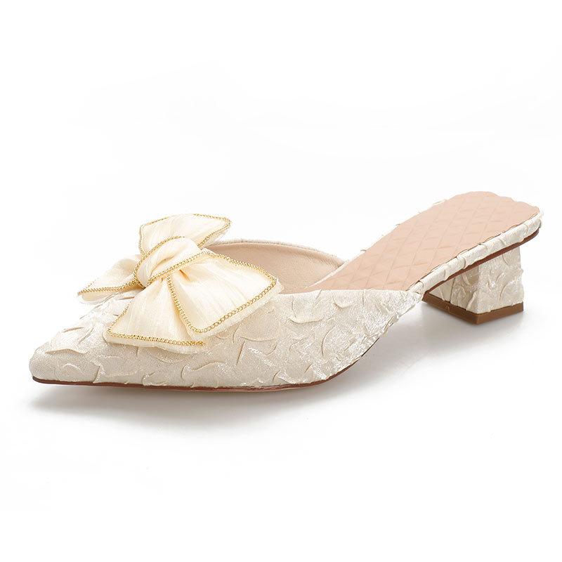 Baotou half slippers women's outer wear women's shoes new middle heel pointed fairy shoes lazy shoes women's one foot pedal