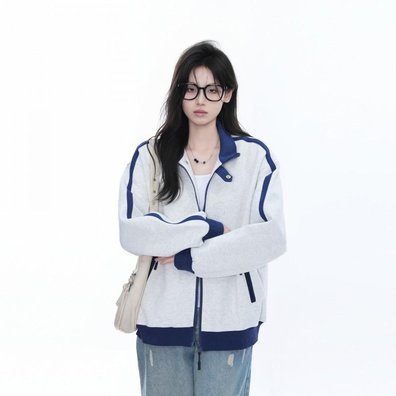 Damen Retro College Stil Color-Block Stehkragen Reißverschluss Hoodie Oversized Lässiges Sweatshirt