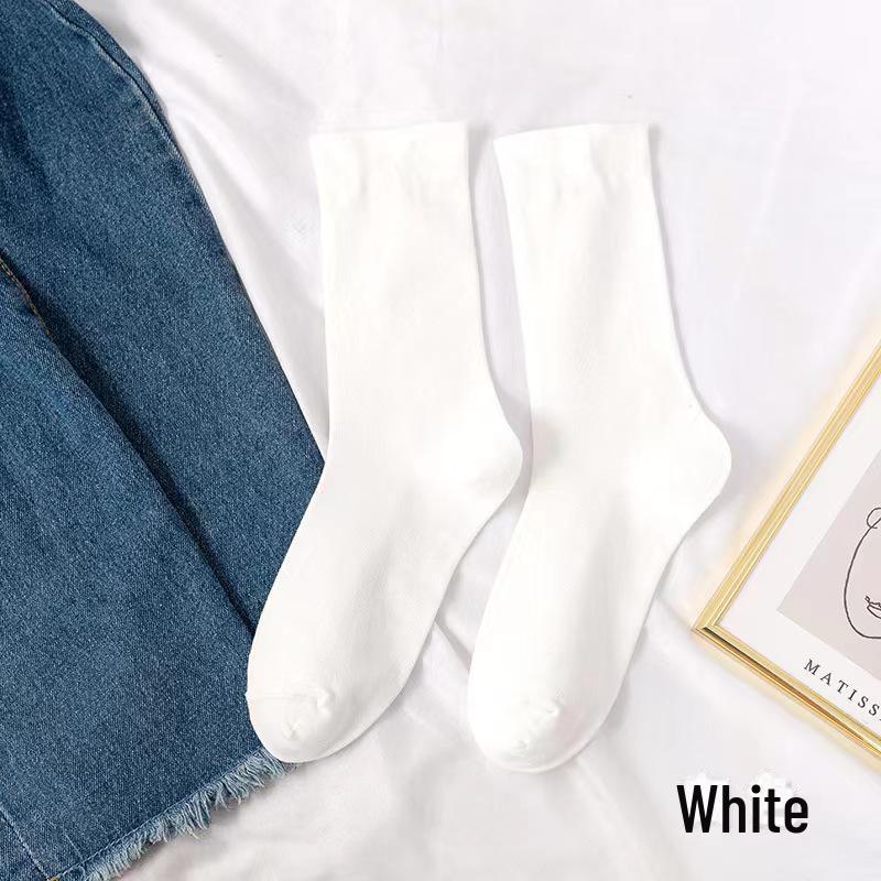 Women's Thin White Cotton Crew Socks - Boneless Design, Trendy Solid Color, Japanese Korean Style