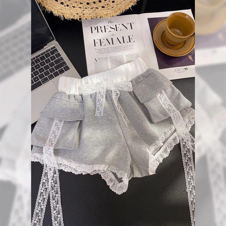 Plus Size Women's Wide-Leg Summer Shorts with Lace Trim & Bow Knot Design
