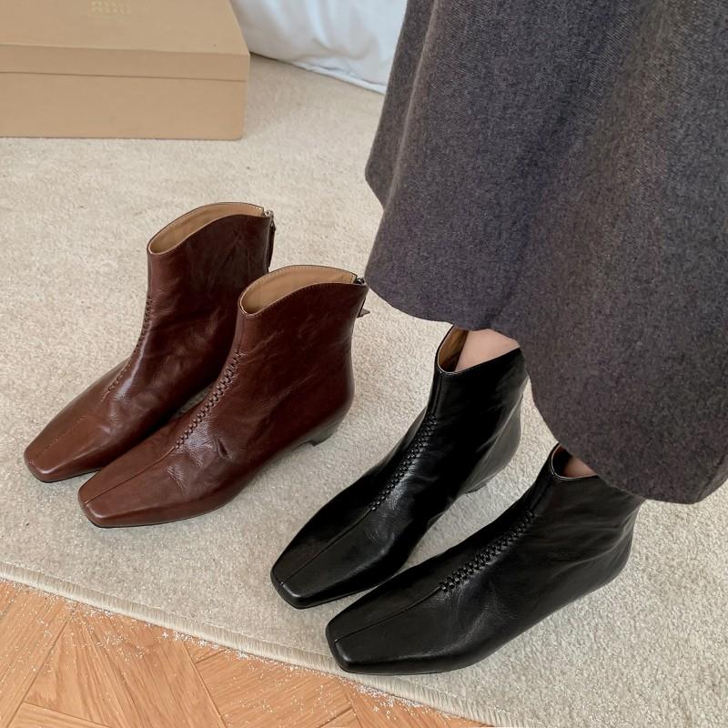 3.5CM Minimalist Elegant Ankle Boots Women Square Toe Chunky Heel Back Zip Short